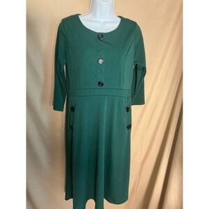 Unbranded A-Line Midi Dress Womens Large Green Excellent 3/4 Sleeve Button Trim